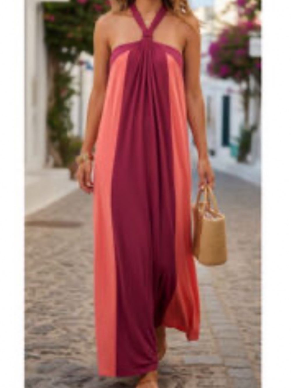 Nine West Coral and Burgundy Halter-Style Maxi Dress